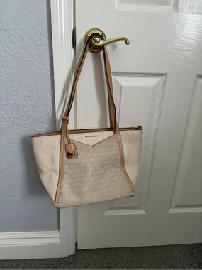 Michael Kors Cream Tote with Tan Trim and MK Signature Panel
